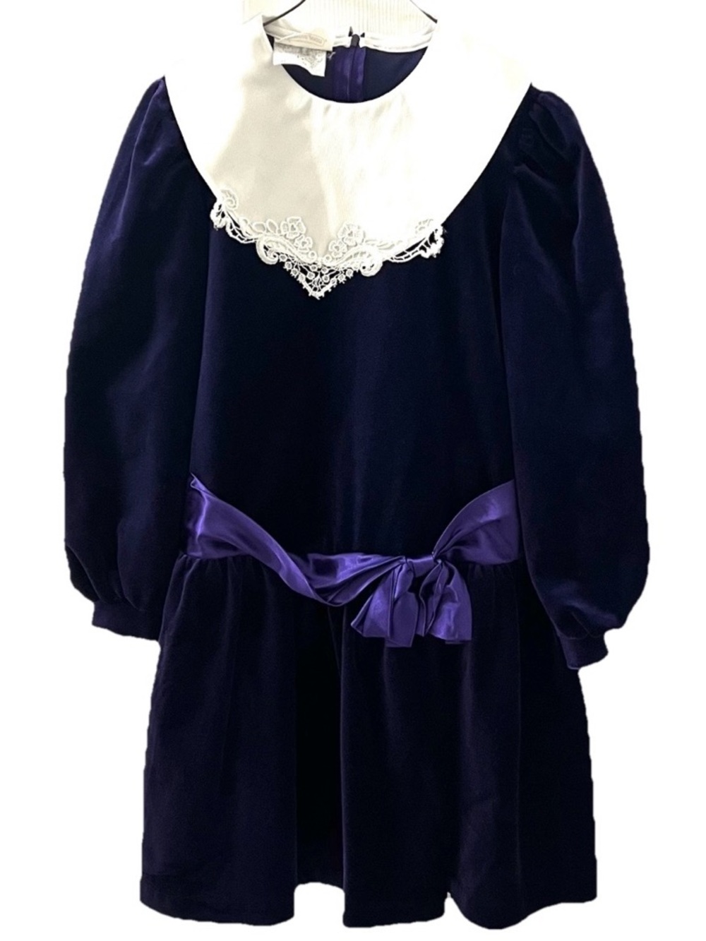 Vintage Bonnie Jean Girls Purple Velvet Dress White Lace Collar Satin Bow Sz 10